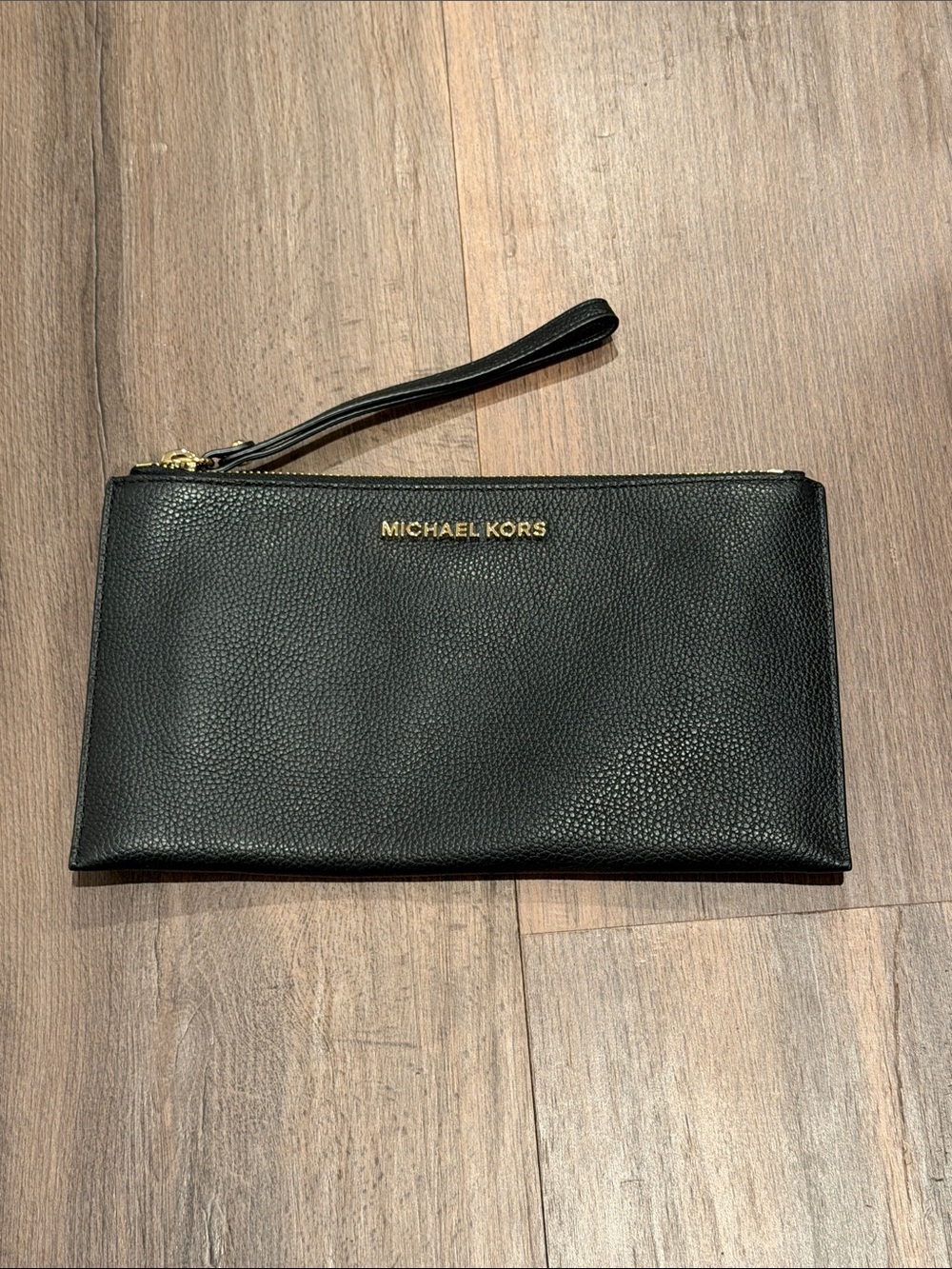 Michael Kors Black Pebble Leather Wristlet Pouch with‎ Gold Logo